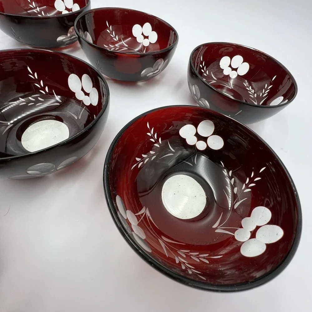Set of‎ 7 Hand Blown Bohemian Ruby Cut to Clear Glass Bowls Floral Wheat Bubbles